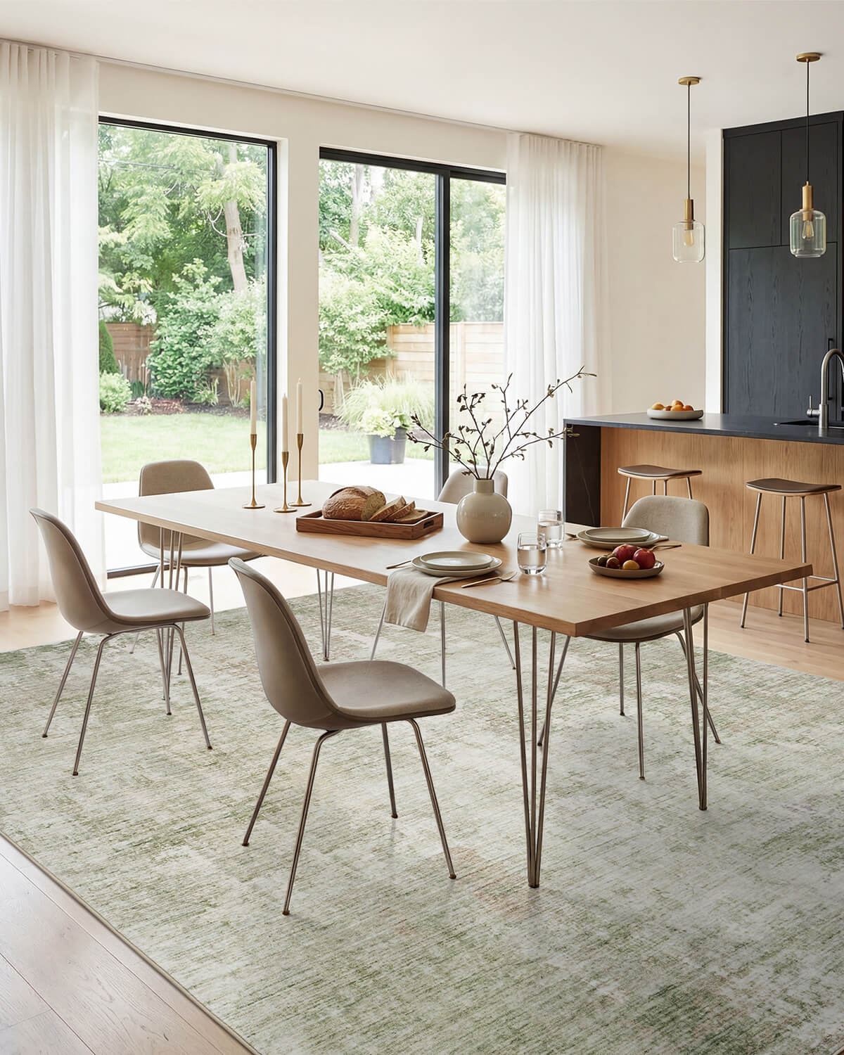 A green washable area rug adds soft modern texture under a dining table, creating a cozy and easy-care foundation for an open kitchen and dining room.