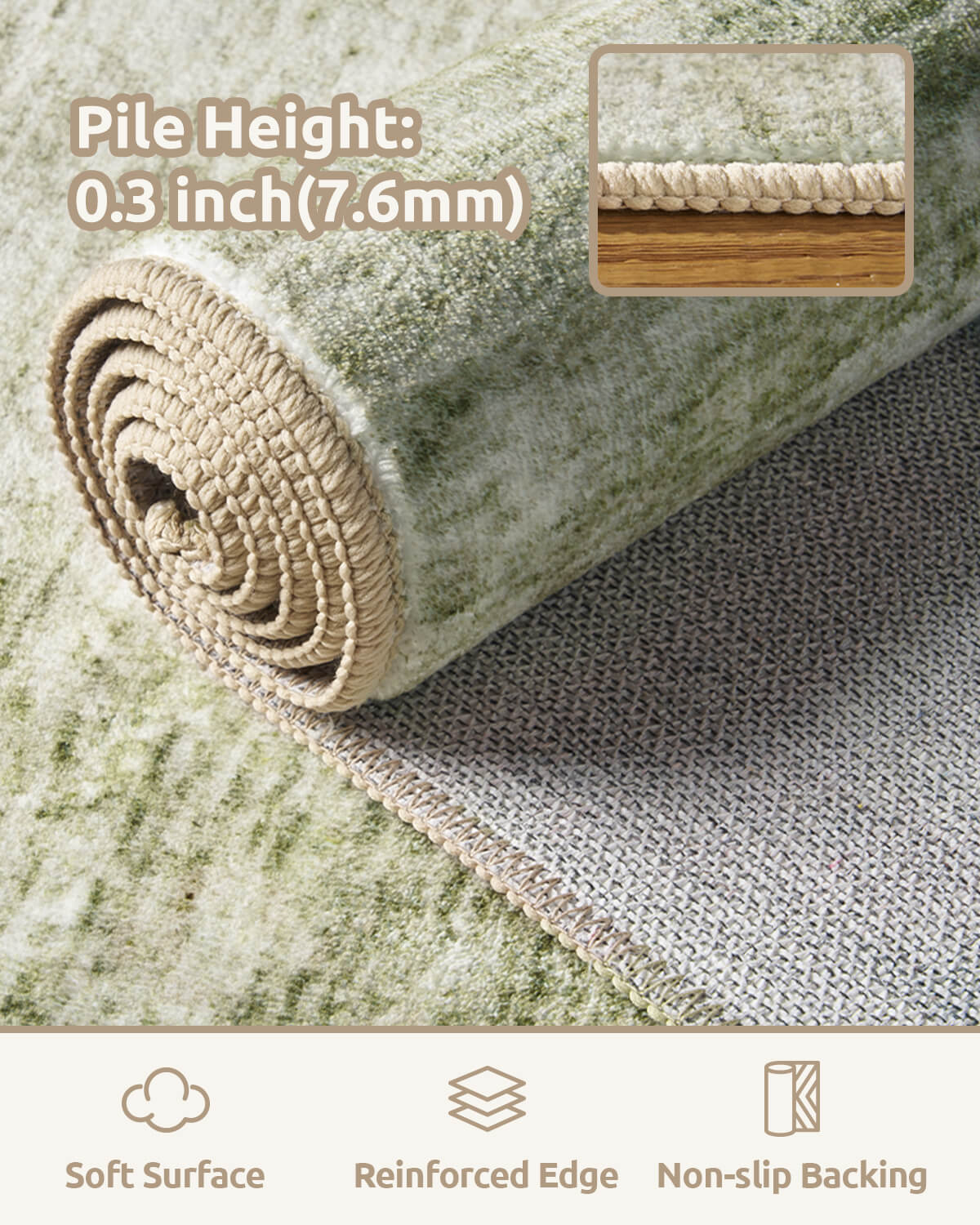 A green washable area rug features a 0.3 inch soft surface, reinforced edges, and non-slip backing for comfortable everyday use in busy homes.