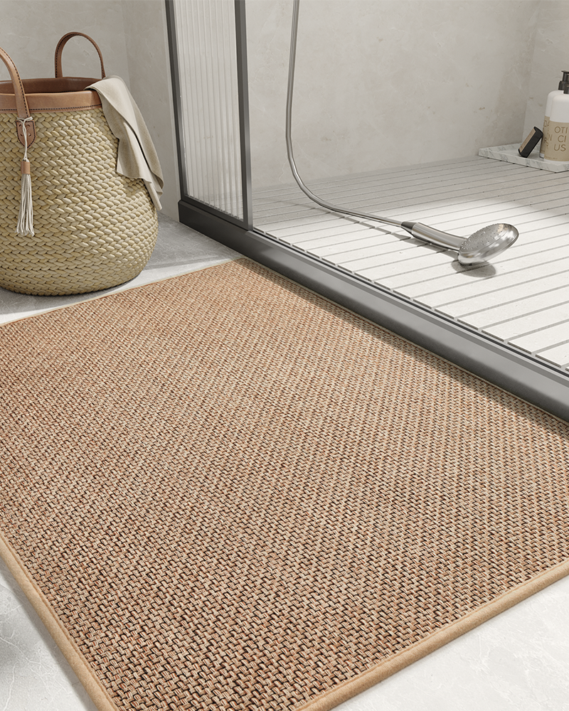 Handwoven style bath mat with braided texture that combines comfort and decorative appeal