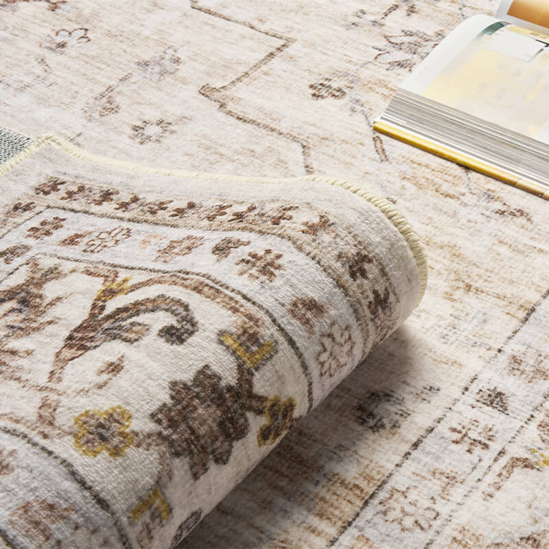 Washable vintage area rug designed for modern family routines