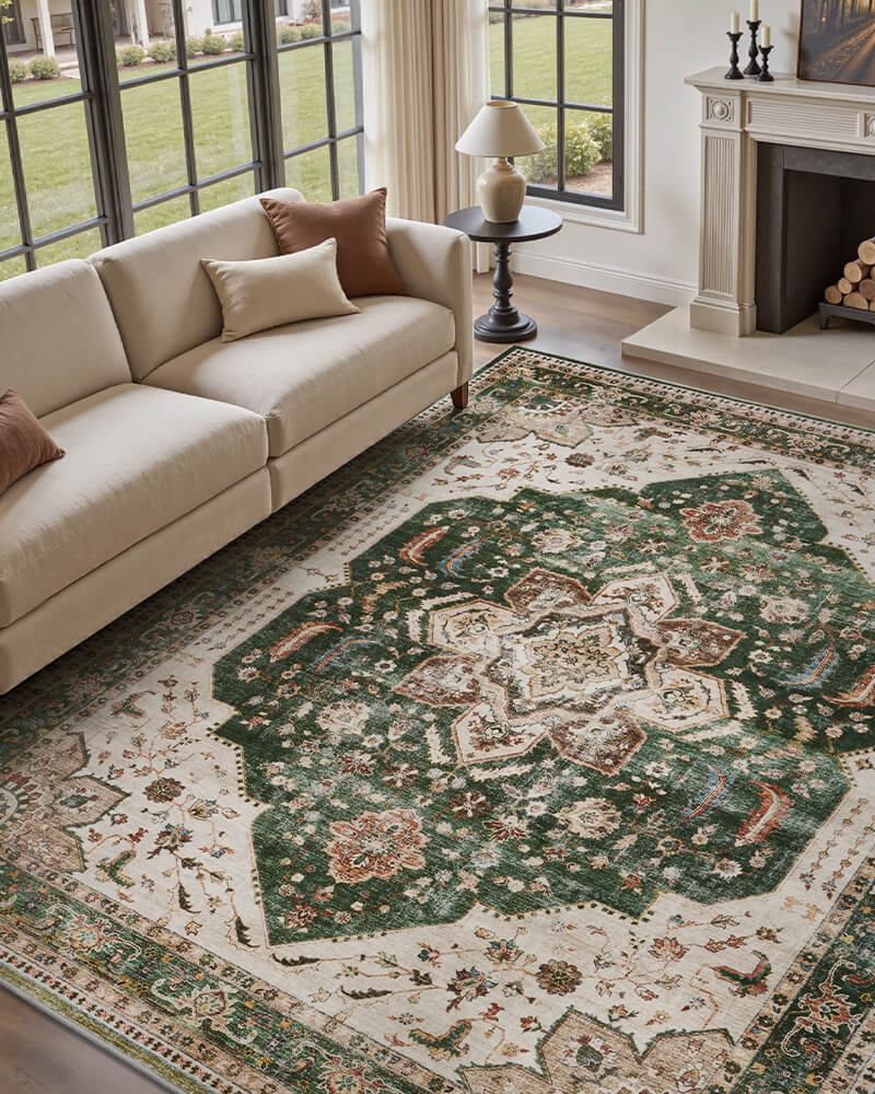 Vintage-inspired rug made for shared living and dining areas