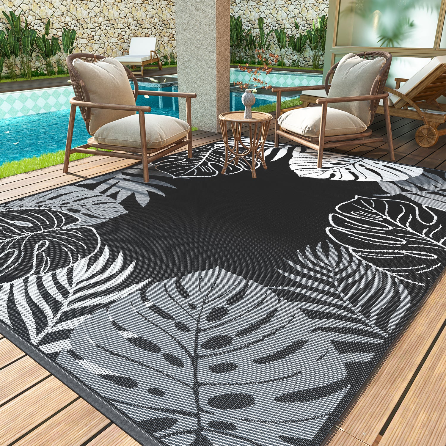 SIXHOME Outdoor Rug Patio Rug Waterproof Straw Texture Tropical Palm Pattern
