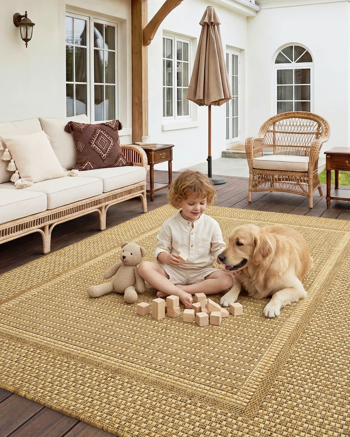 Durable indoor outdoor rug designed for modern patios balconies and living spaces