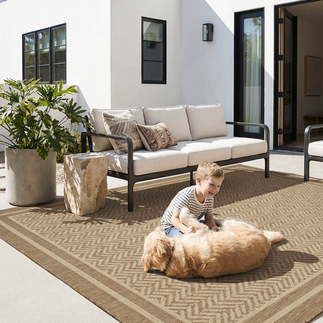 Styled under outdoor furniture, this high traffic indoor outdoor rug is built for busy patio life with a washable surface and quick dry performance.