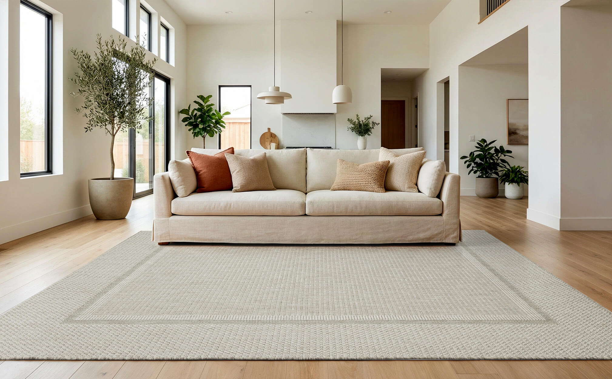 This indoor outdoor rug suits porch and garden seating areas with easy care materials and a comfortable look for relaxed family living.