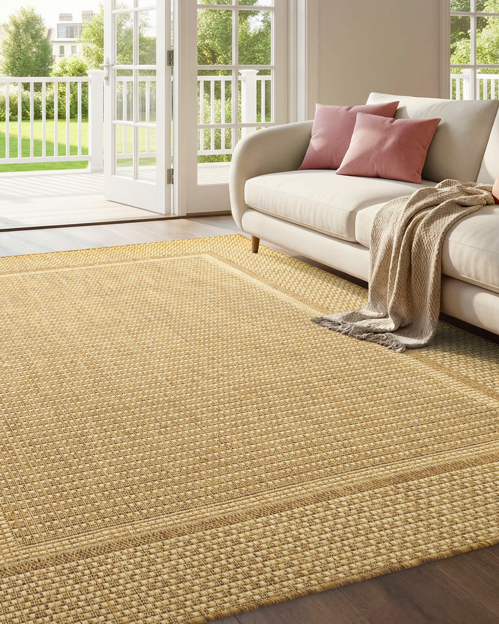 This indoor outdoor rug is made for high traffic outdoor spaces with durable polypropylene construction and a practical easy care surface.