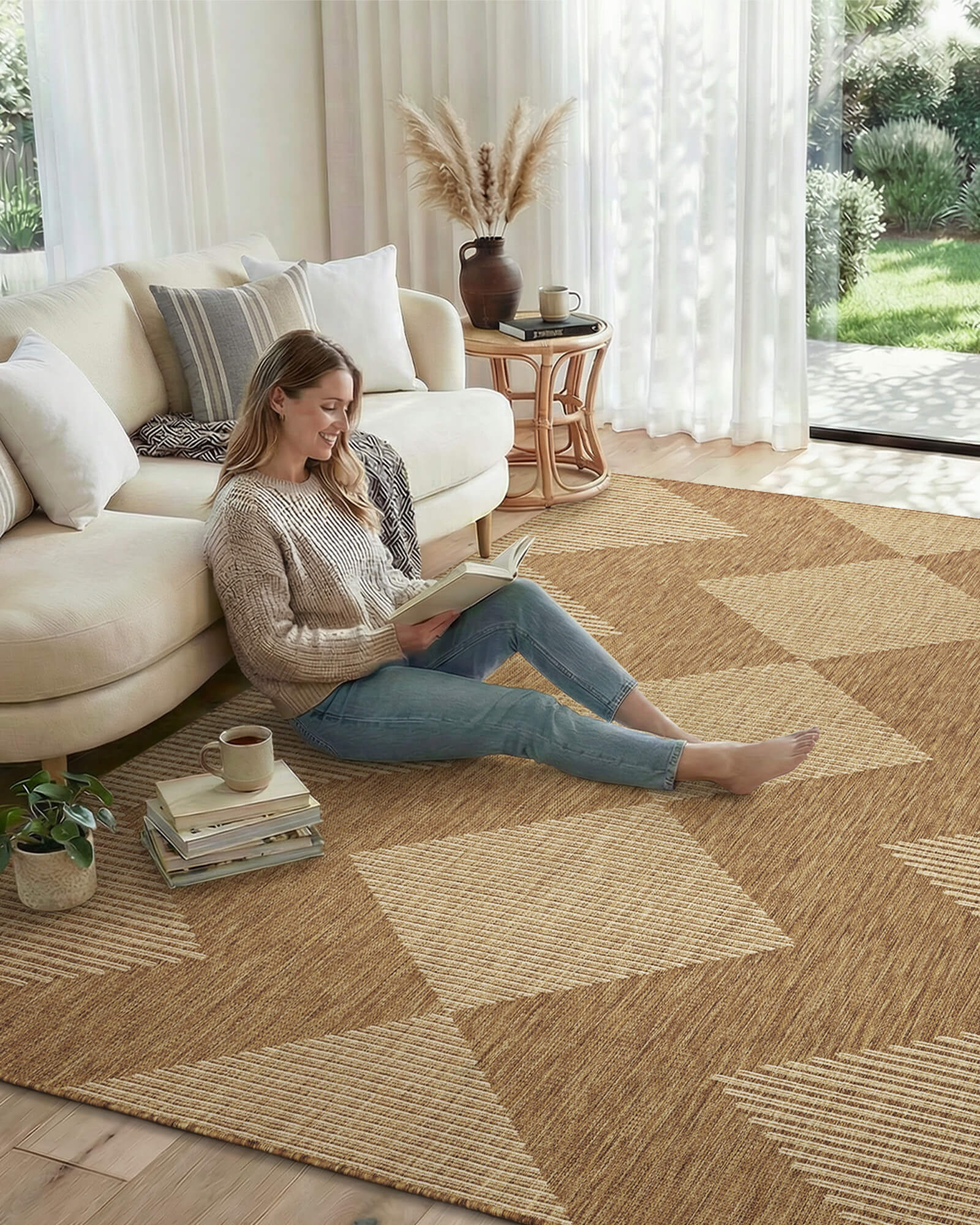 This indoor outdoor rug is a practical addition to balcony seating with a shed free finish and easy care design for everyday use.