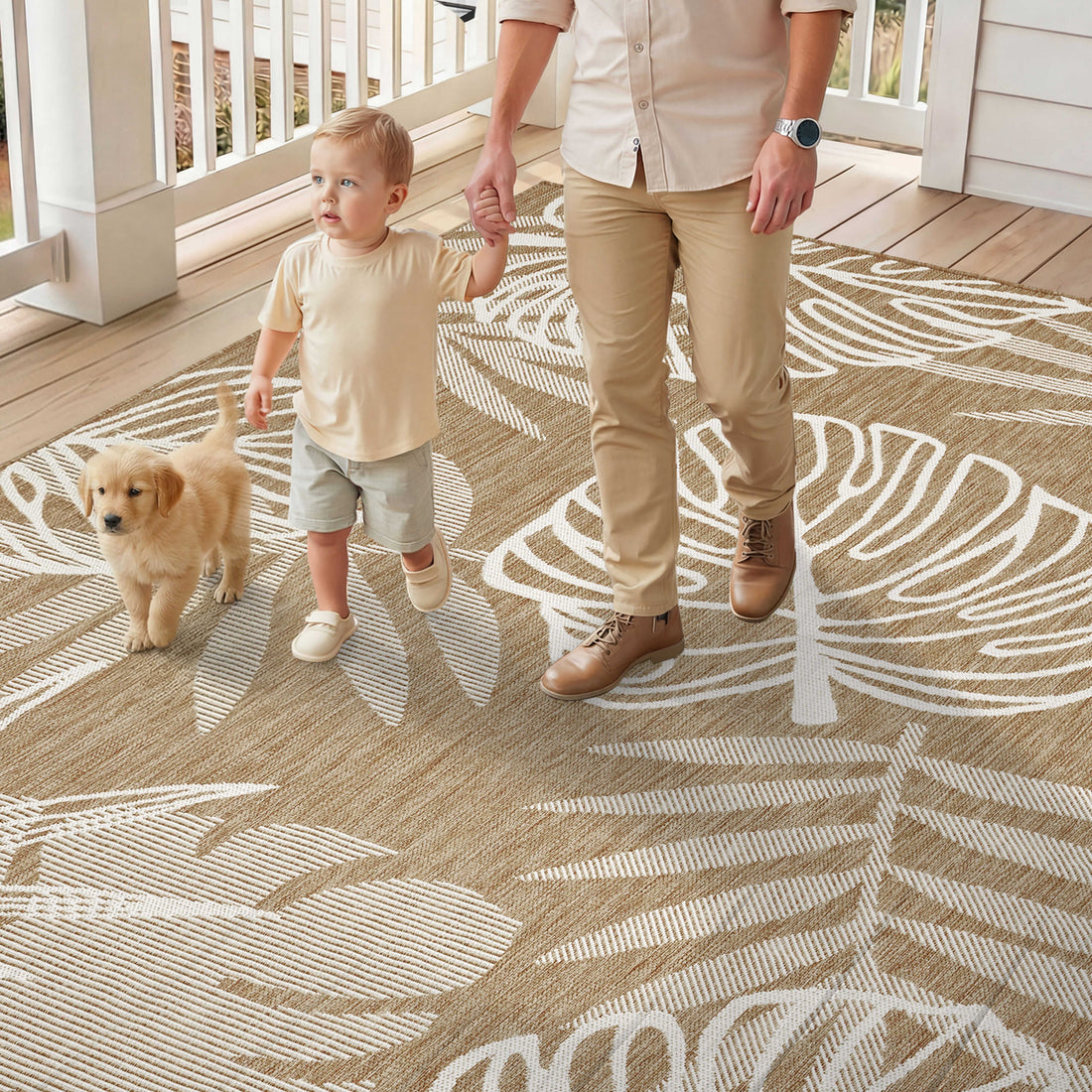 This indoor outdoor rug is designed for a family home with pets and kids, offering all weather durability and easy everyday upkeep in active spaces.