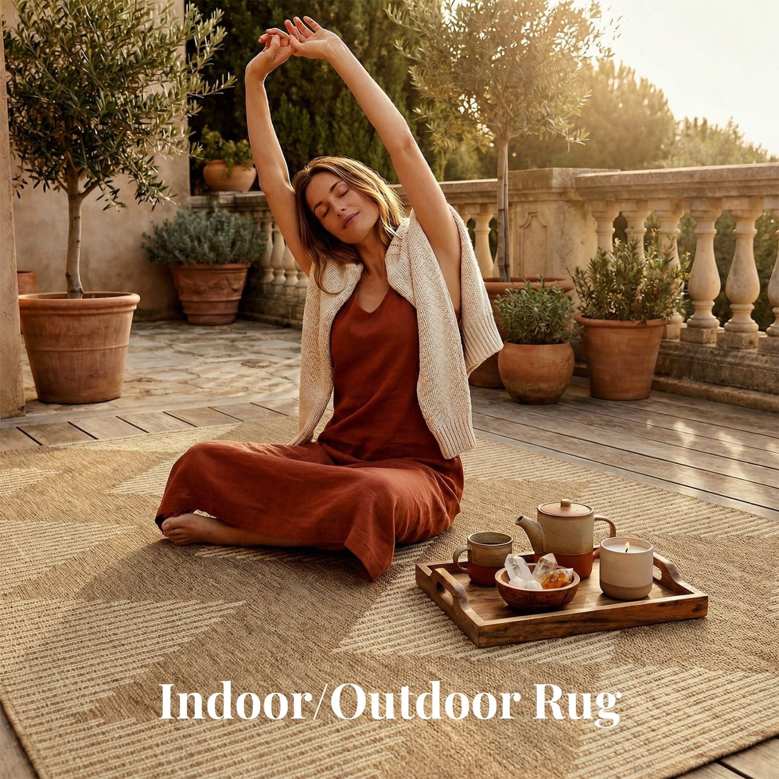This indoor outdoor rug adds a warm and grounded foundation to a patio relaxing space with a durable easy-clean surface designed for comfortable everyday outdoor use.
