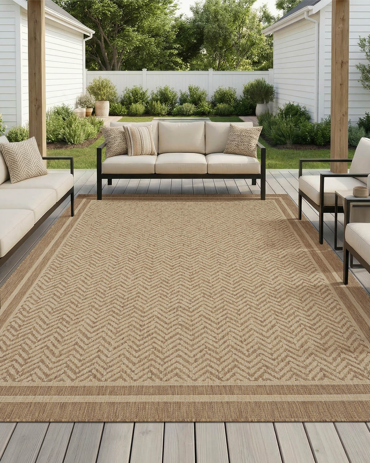 This indoor outdoor rug is designed for gathering spaces outdoors, offering a durable surface that feels welcoming for family and guests.