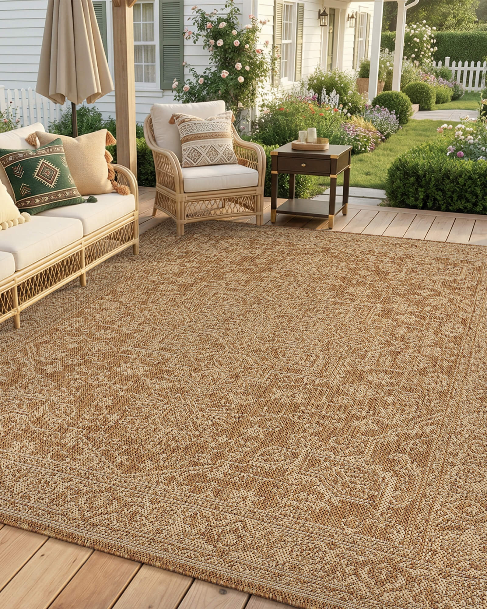 Indoor outdoor rug combining durability and softness for patio and living room