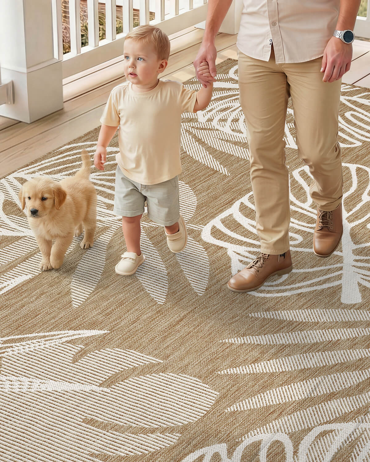 This indoor outdoor rug adds comfort to a casual outdoor space with a shed free surface that dries quickly and stays easy to maintain.