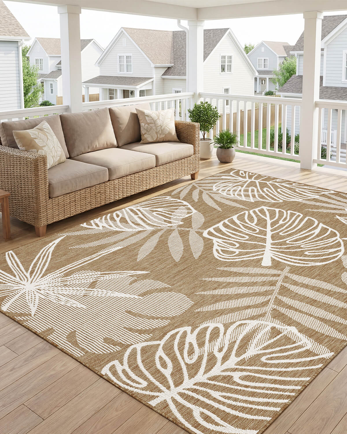 This indoor outdoor rug is a versatile option for both porch and balcony spaces, offering durable performance and a relaxed layered look.