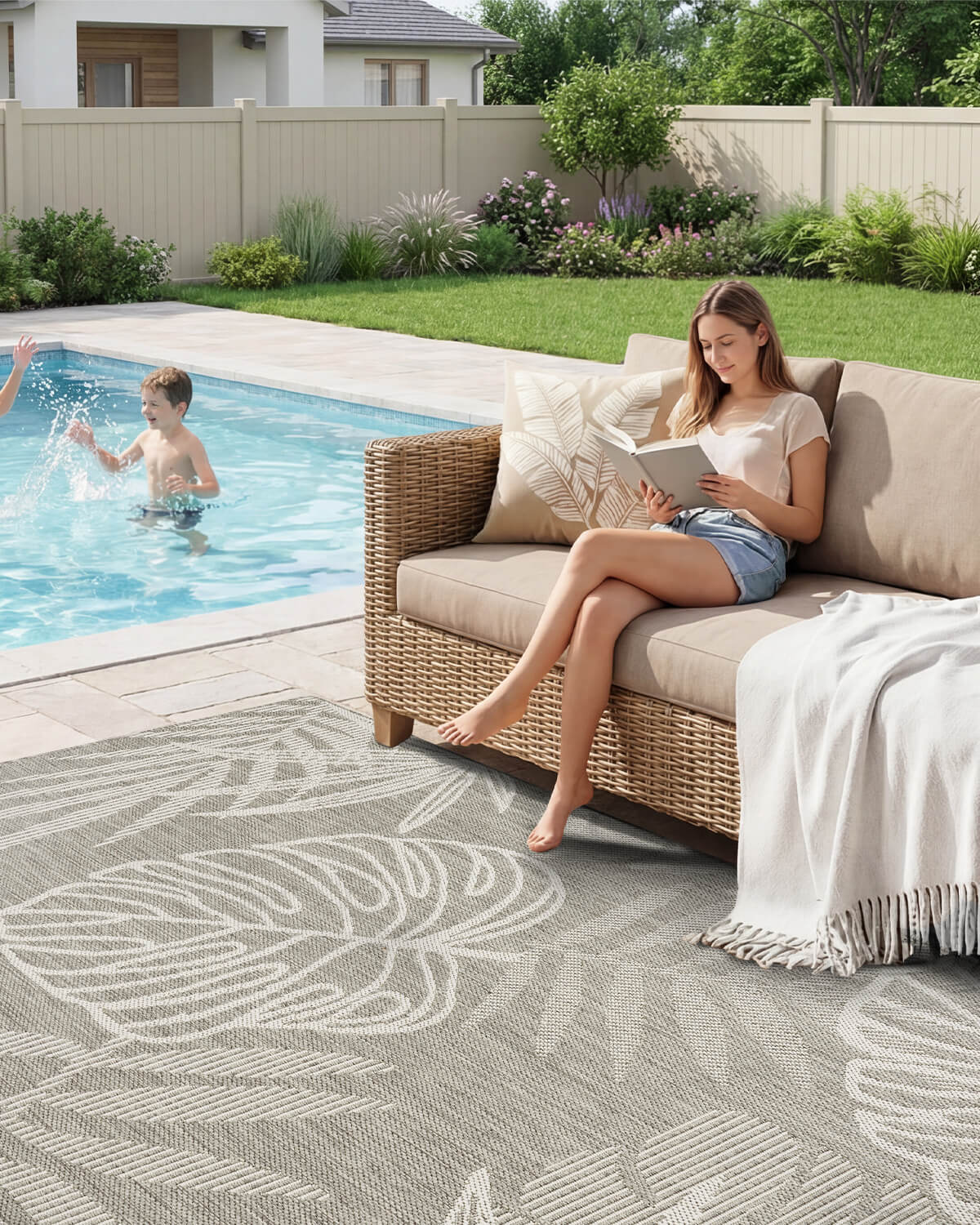 This indoor outdoor rug is a practical addition to a garden patio space with polypropylene durability and an easy clean finish for daily use.