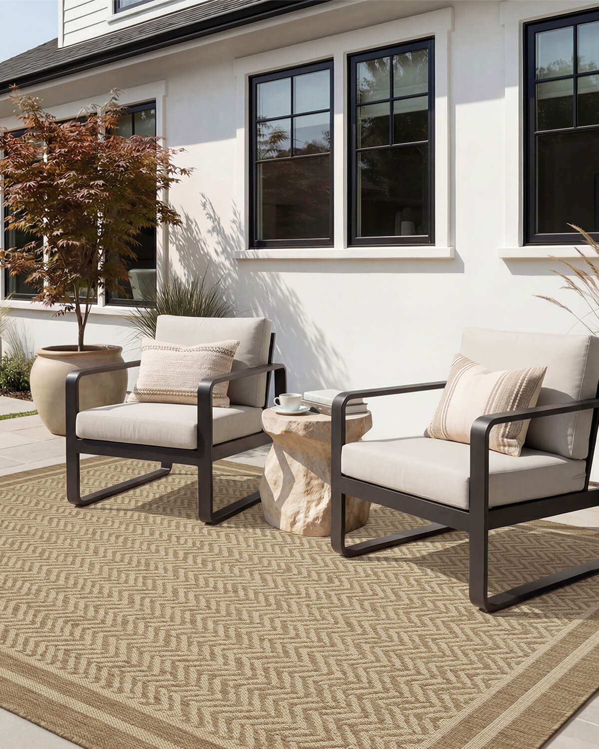 This indoor outdoor rug completes an outdoor corner with durable weather-resistant texture that holds up beautifully to daily use.