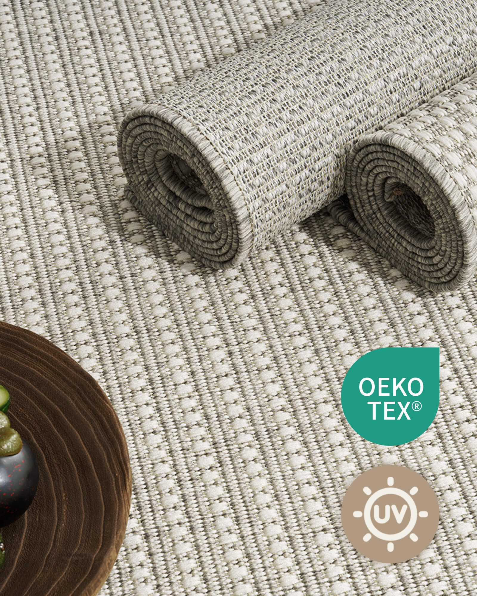 This indoor outdoor rug is made for an outdoor lounge where pets and family gather, offering durability and easy daily maintenance.