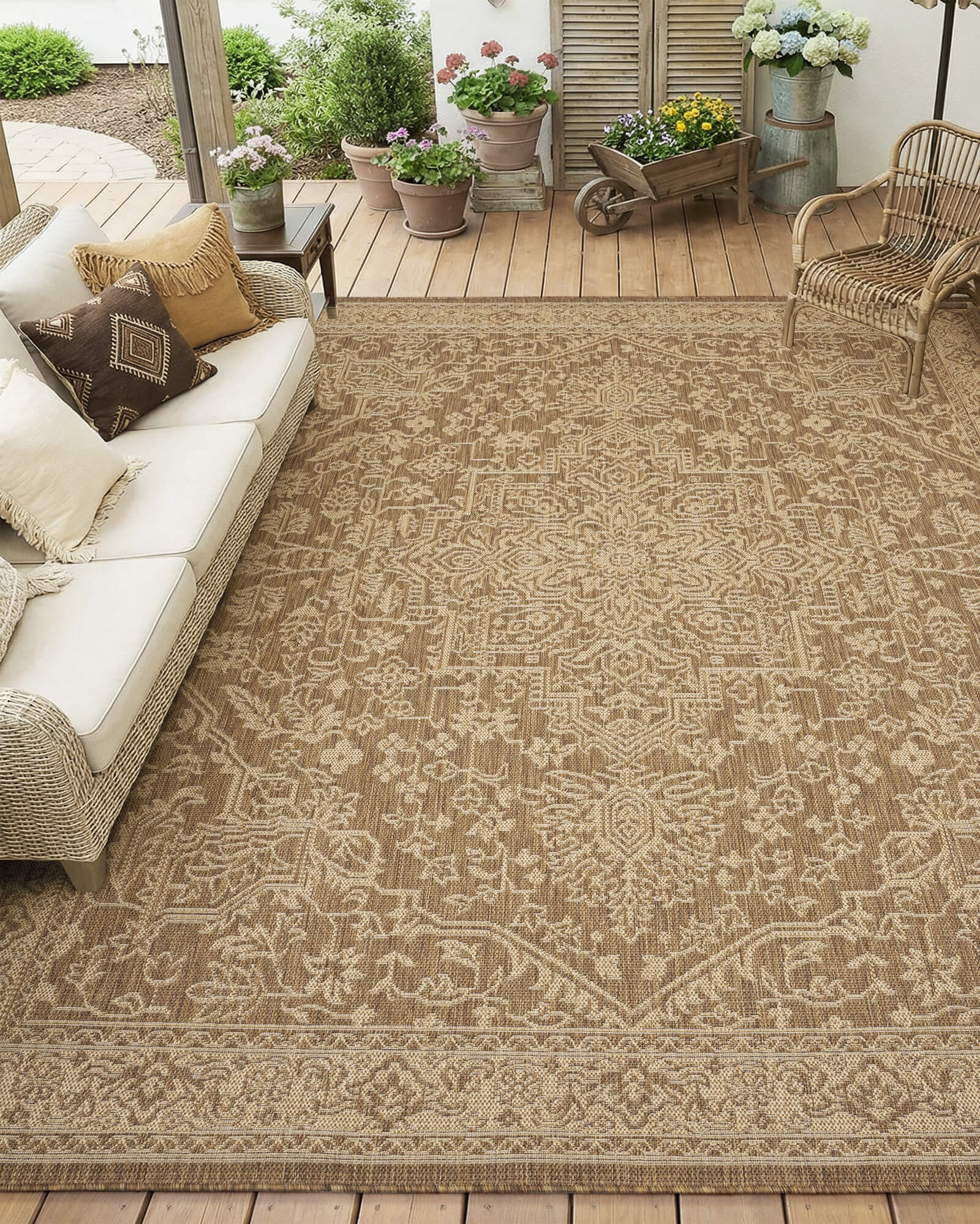 Indoor outdoor rug with quick dry performance for busy family homes