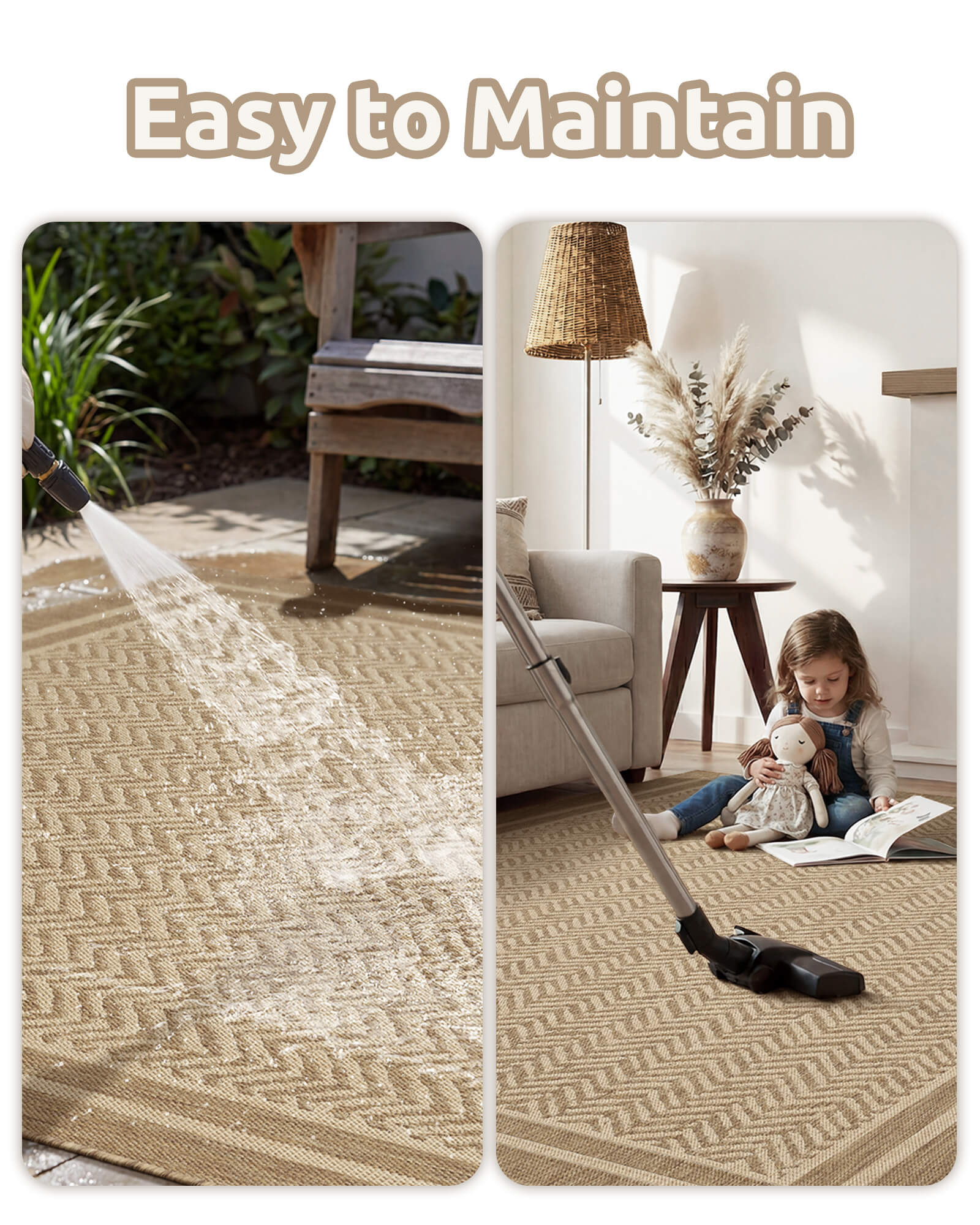 Indoor outdoor rug with durable and easy care design for patio living