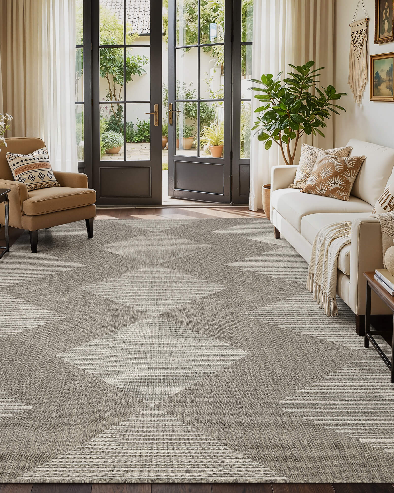 This indoor outdoor rug adds warmth to an open air patio with weather resistant construction and low maintenance care for daily use.