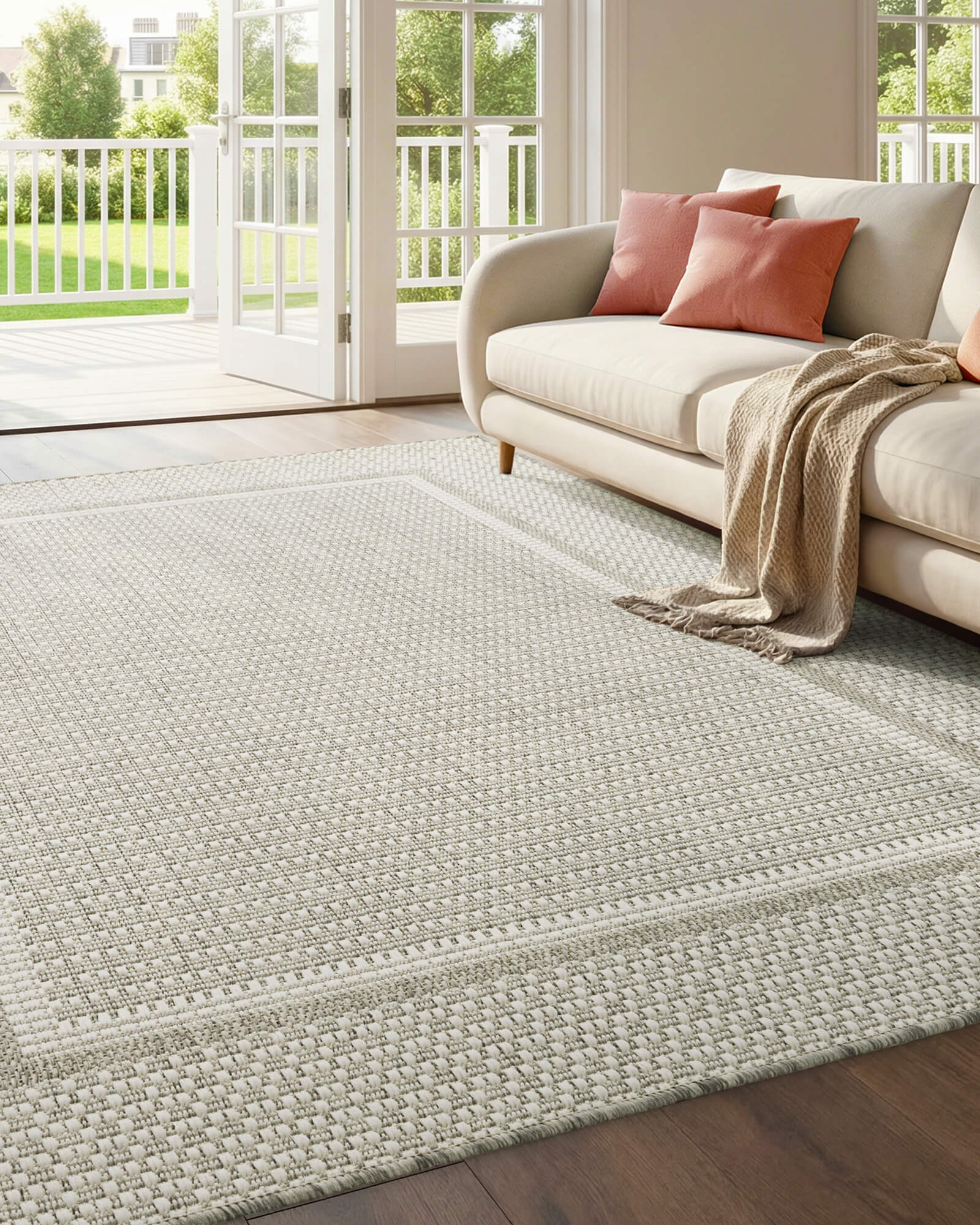 This indoor outdoor rug transitions easily from the sunroom to the patio with an easy clean surface and practical everyday comfort.