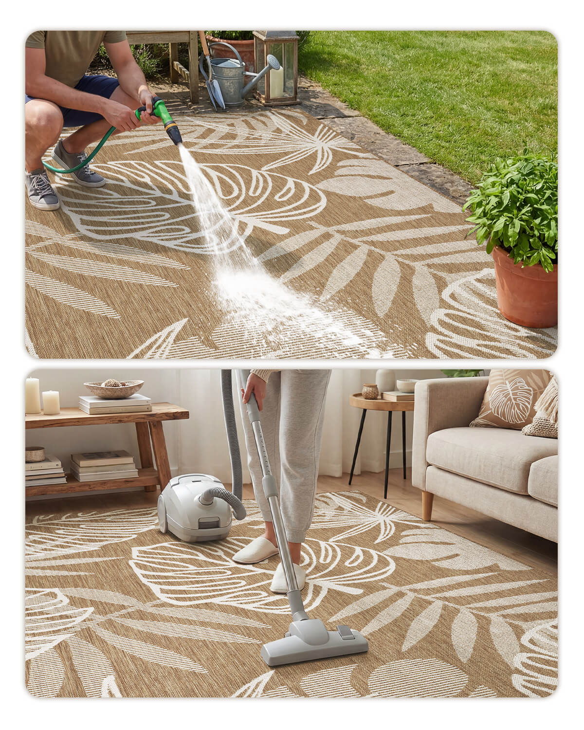Laid across a deck space, this indoor outdoor rug offers a weather resistant shed free surface that suits active homes with kids and pets.