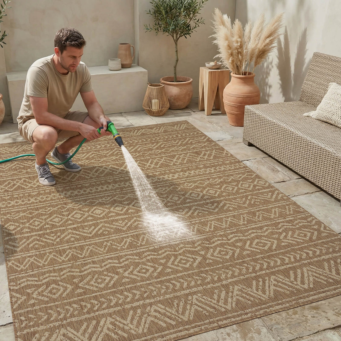 All weather indoor outdoor rug built for high traffic patio and home areas with durable easy care materials