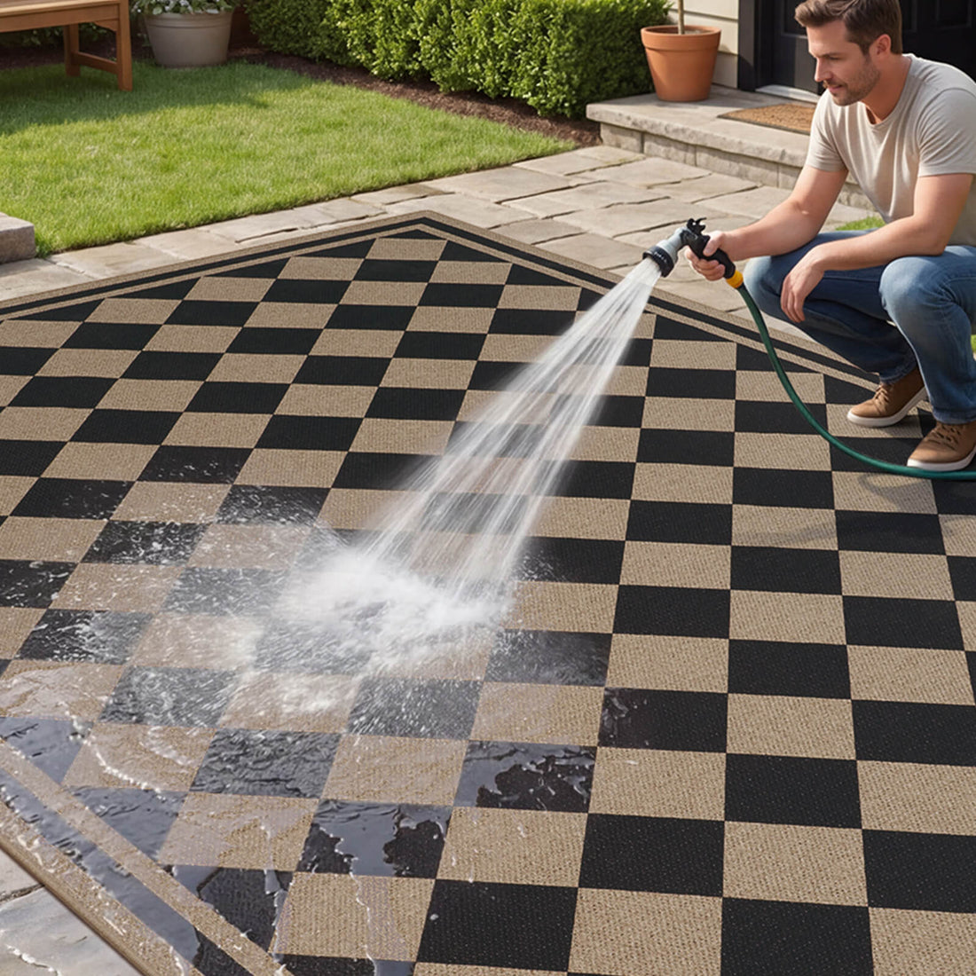 Indoor outdoor rug suitable for bright living spaces patios and outdoor gathering areas