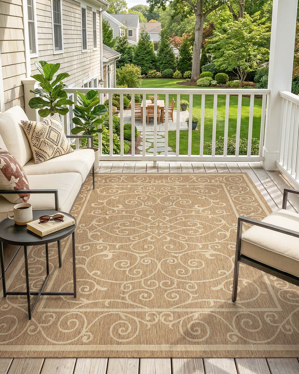 Waterproof indoor outdoor rug designed for modern patio and indoor living spaces