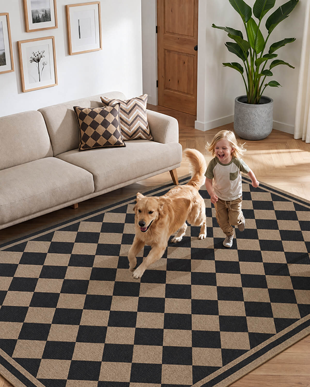 Weather resistant indoor outdoor rug with clean geometric lines and woven faux jute texture
