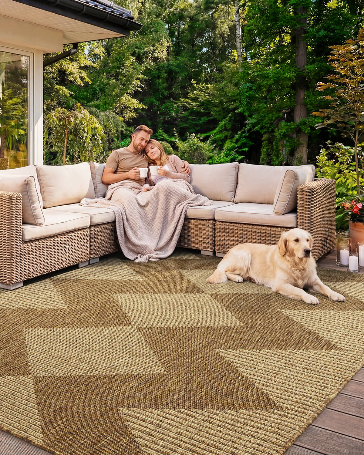 Indoor outdoor area rug designed to complement modern home decor indoors or outdoors
