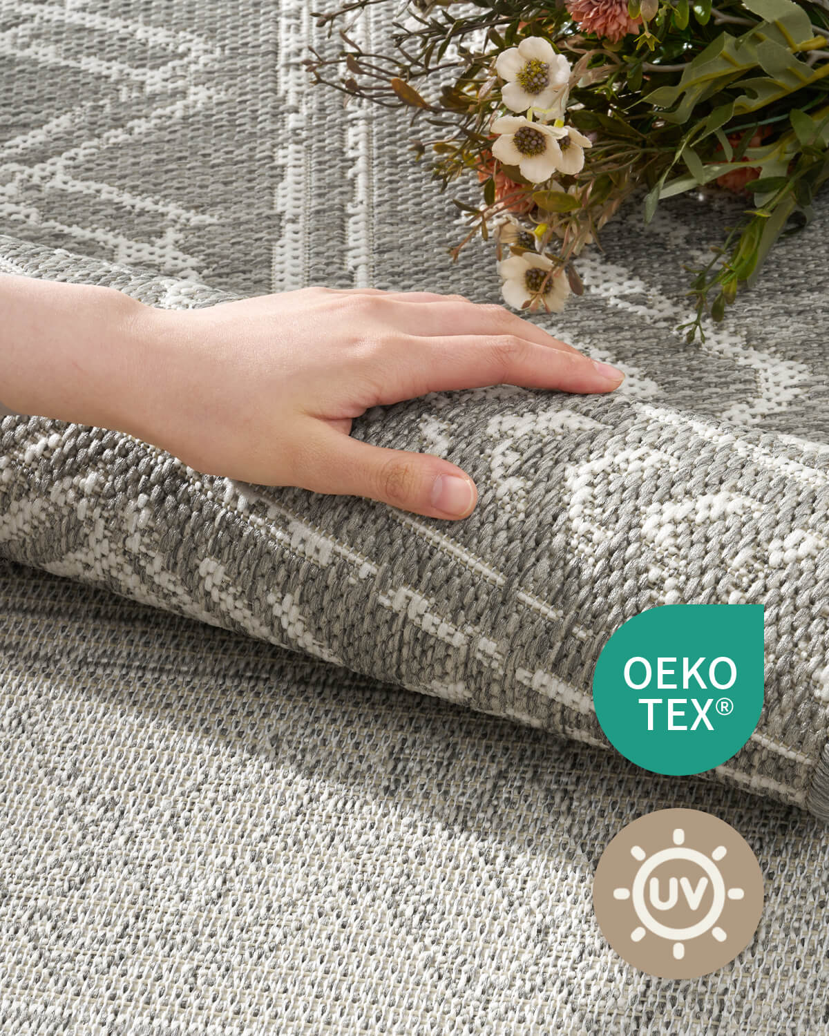 Soft indoor outdoor rug created for relaxed patio living and comfortable family spaces indoors and outside