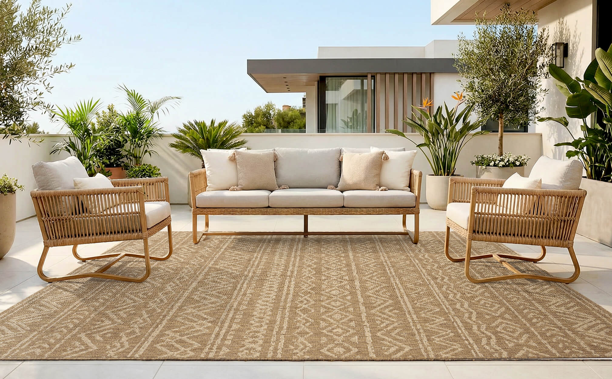 Easy care indoor outdoor rug suitable for patios living rooms and balconies with soft durable construction