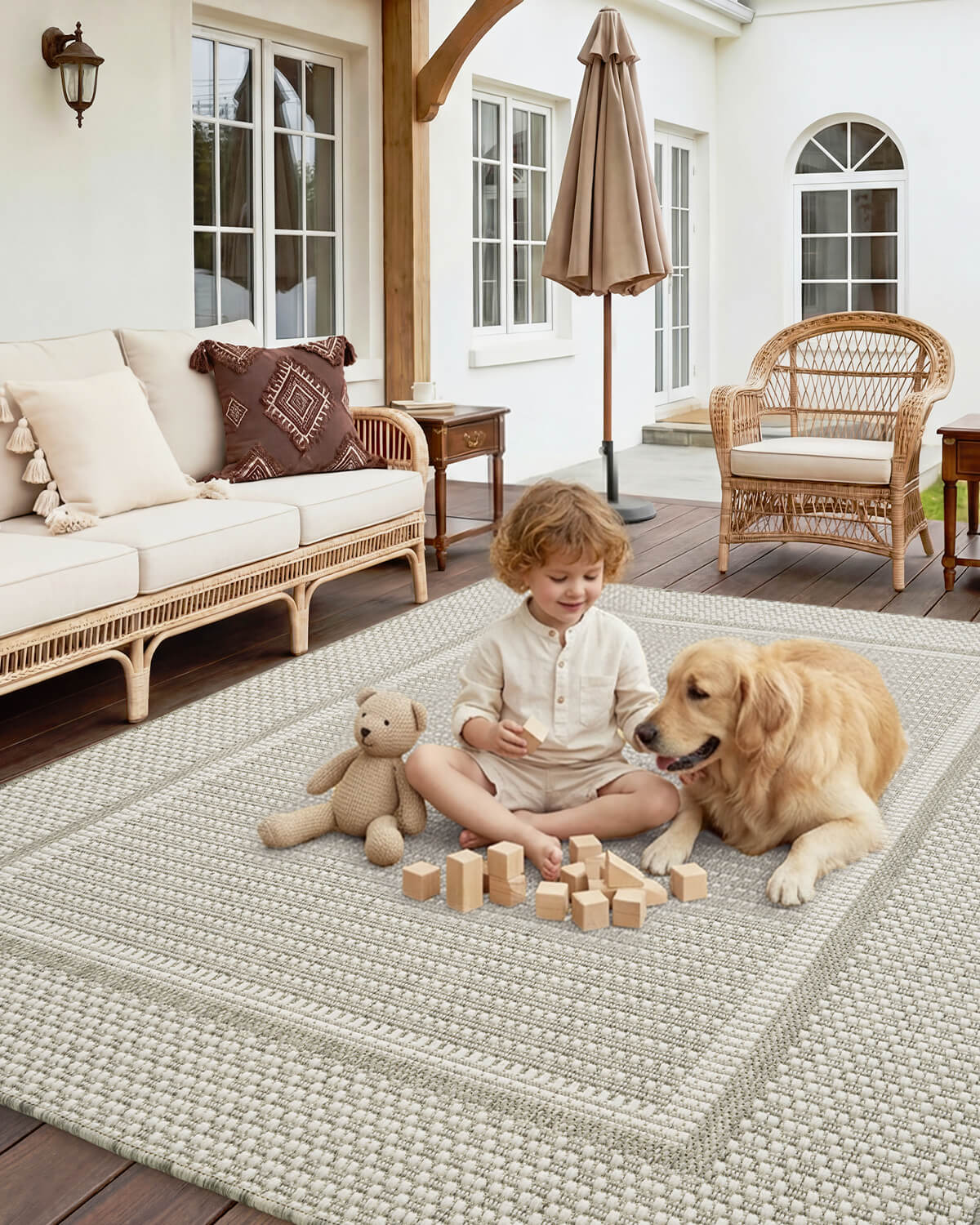 Soft versatile indoor outdoor rug enhancing comfort across living spaces