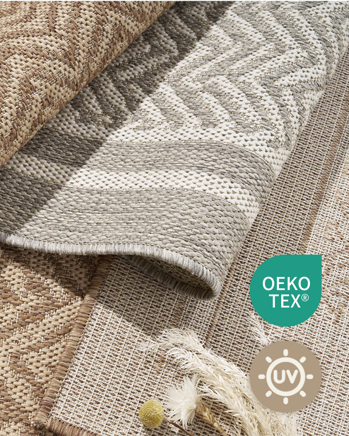 Indoor outdoor rug designed for sunlit patios and comfortable indoor living spaces