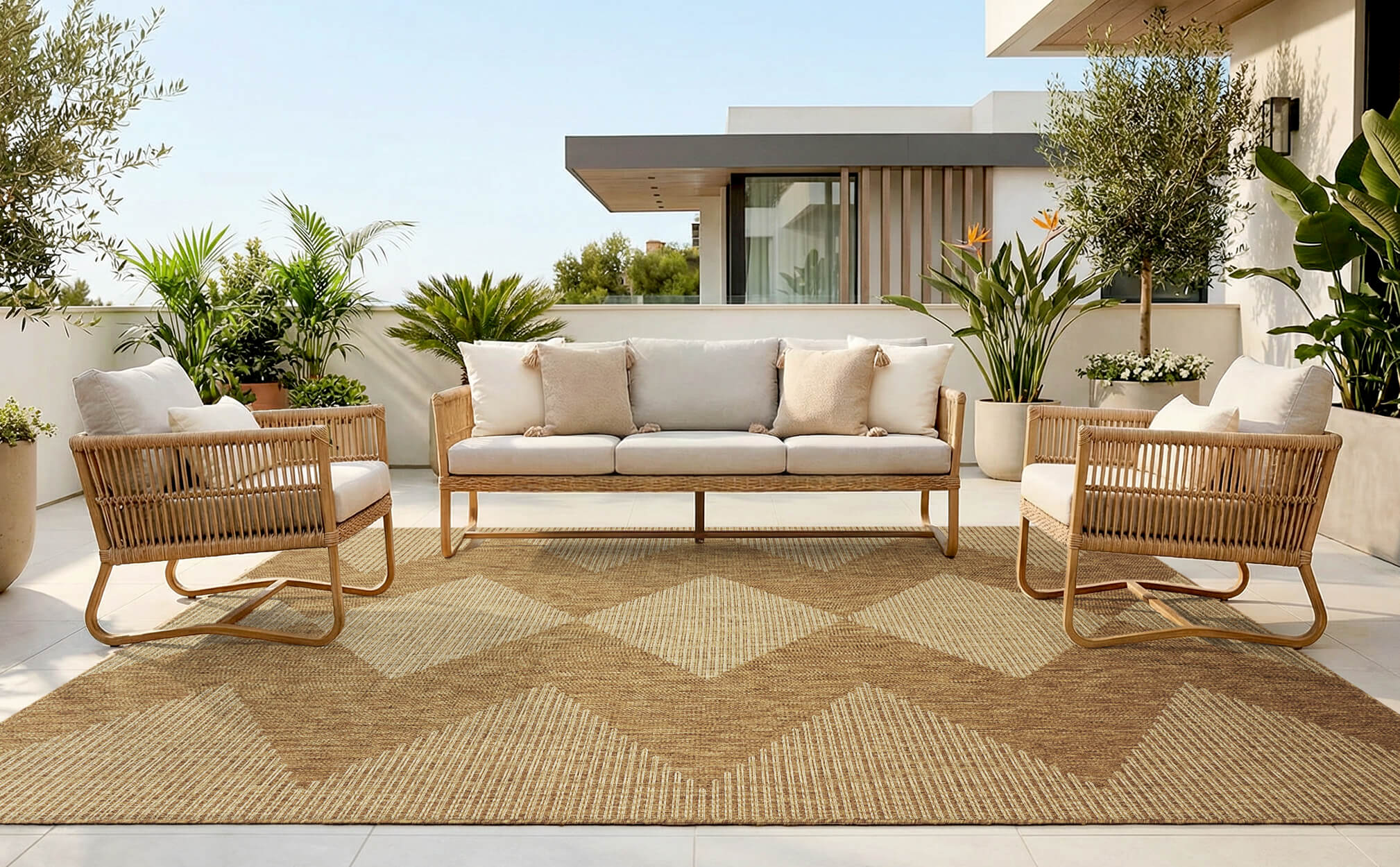 This indoor outdoor rug is made for deck life with pets and kids, offering weather resistant durability and a surface that is simple to clean.