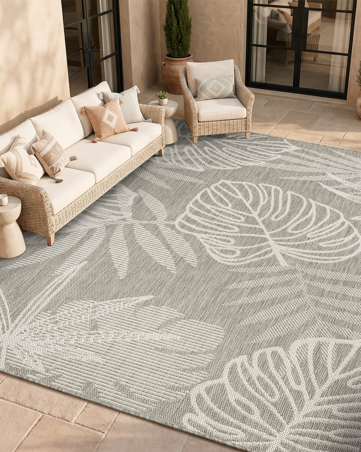 This indoor outdoor rug is made for high traffic outdoor dining spaces with an easy clean surface that keeps daily upkeep simple.