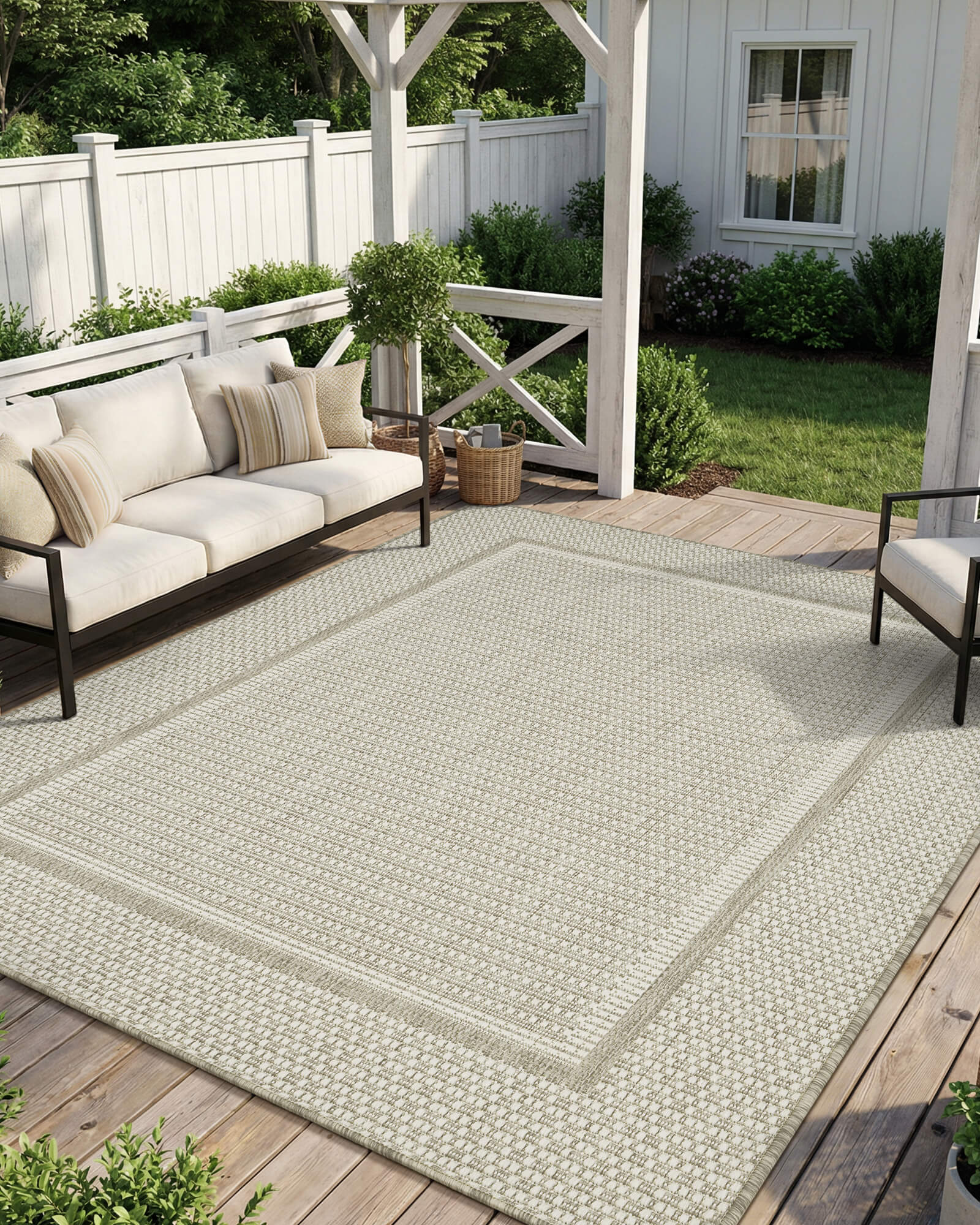 This indoor outdoor rug adds a soft visual layer to porch seating with polypropylene durability and a shed free finish for daily use.