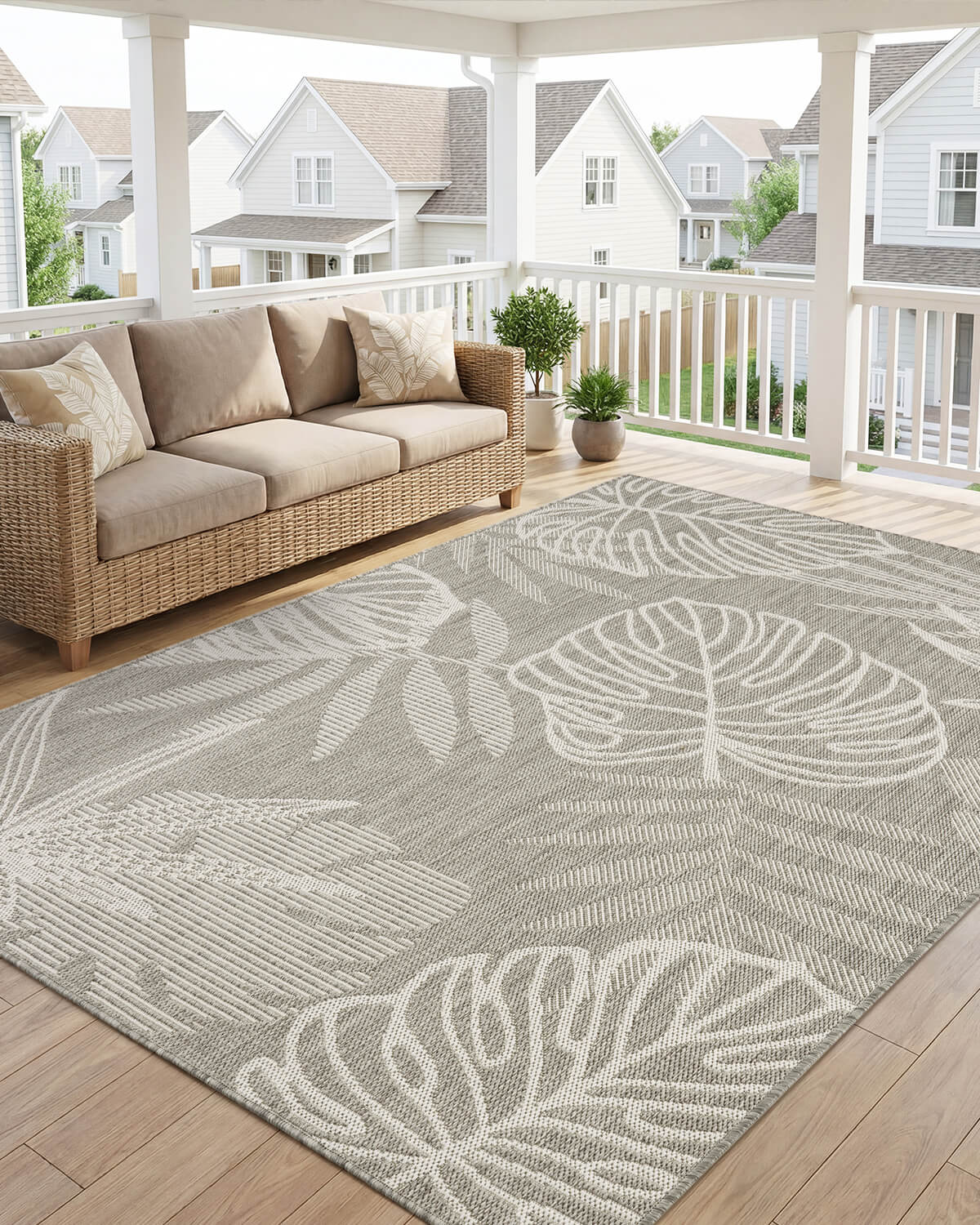 This indoor outdoor rug pairs easily with modern patio furniture while offering durable everyday performance for family friendly outdoor use.