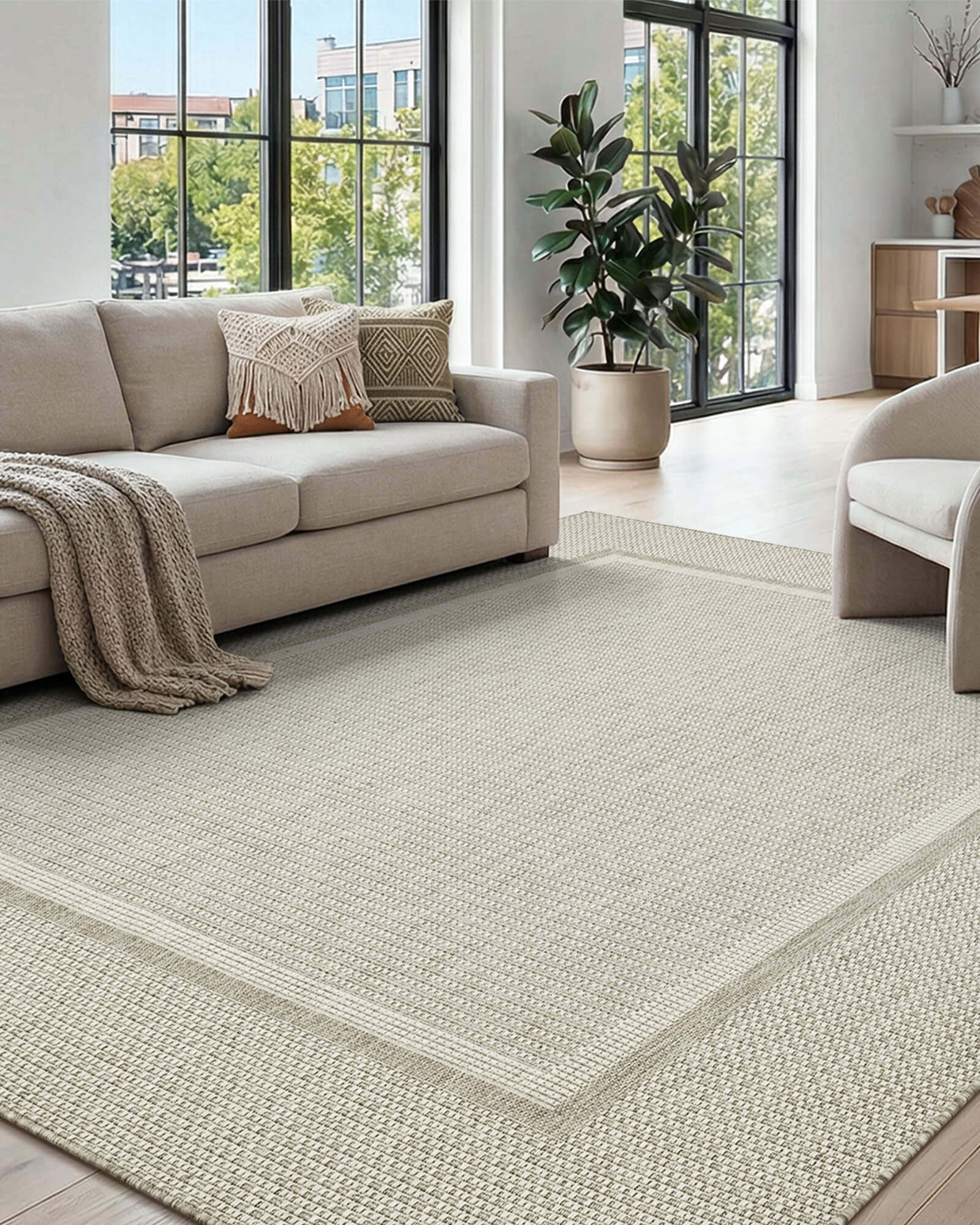 This indoor outdoor rug is a useful layer at the back door entry with all weather durability and easy care for everyday messes.