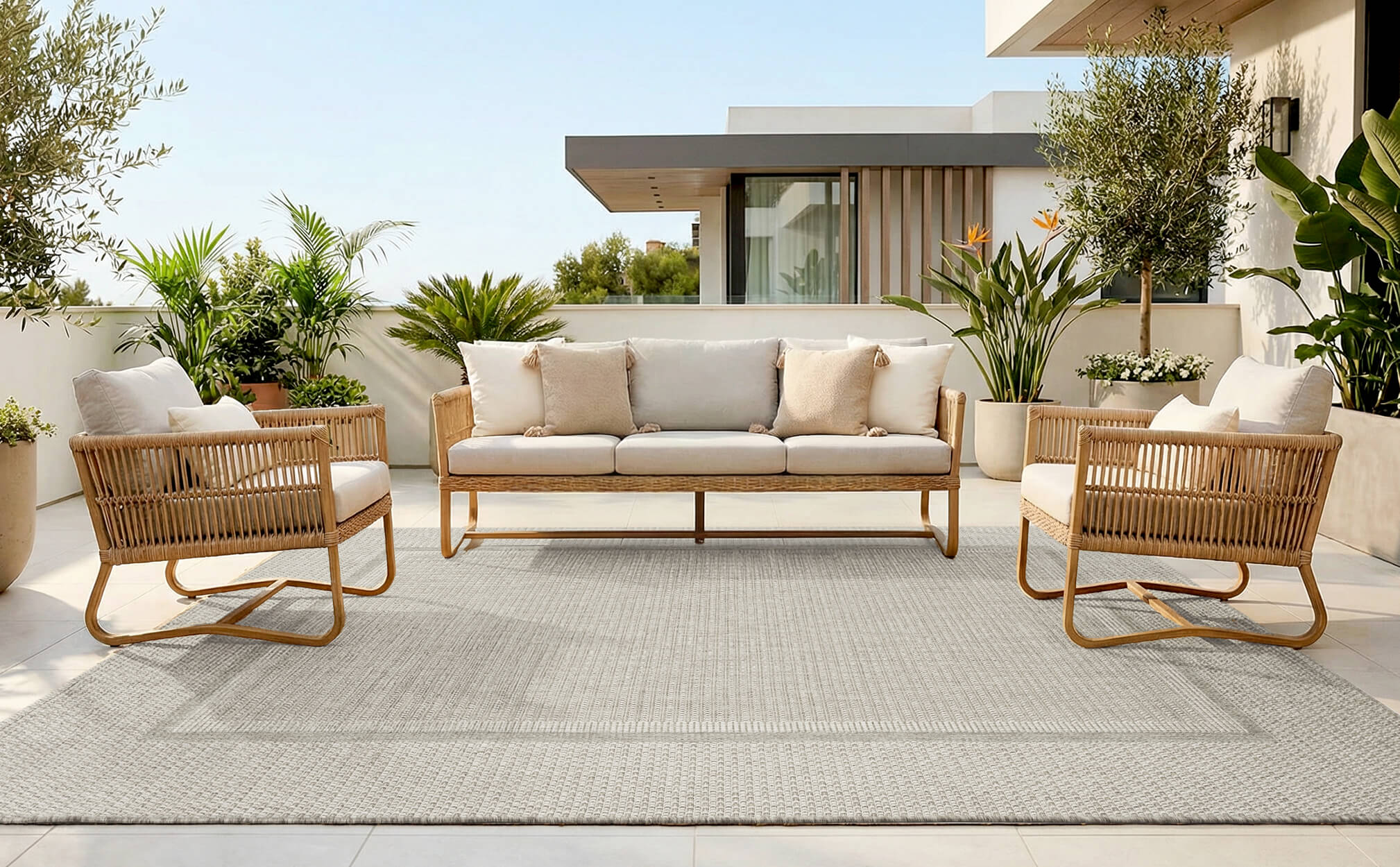 This indoor outdoor rug makes a covered balcony feel more polished with fade resistant durability and reliable everyday function.