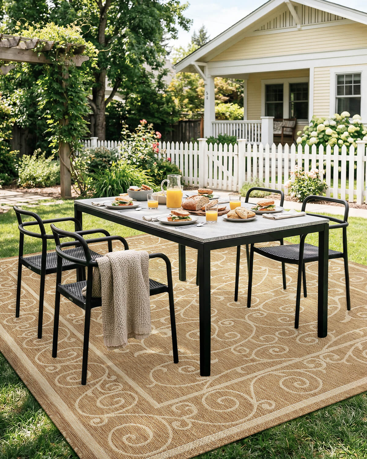 Quick dry indoor outdoor rug with weather resistant woven design for long lasting use