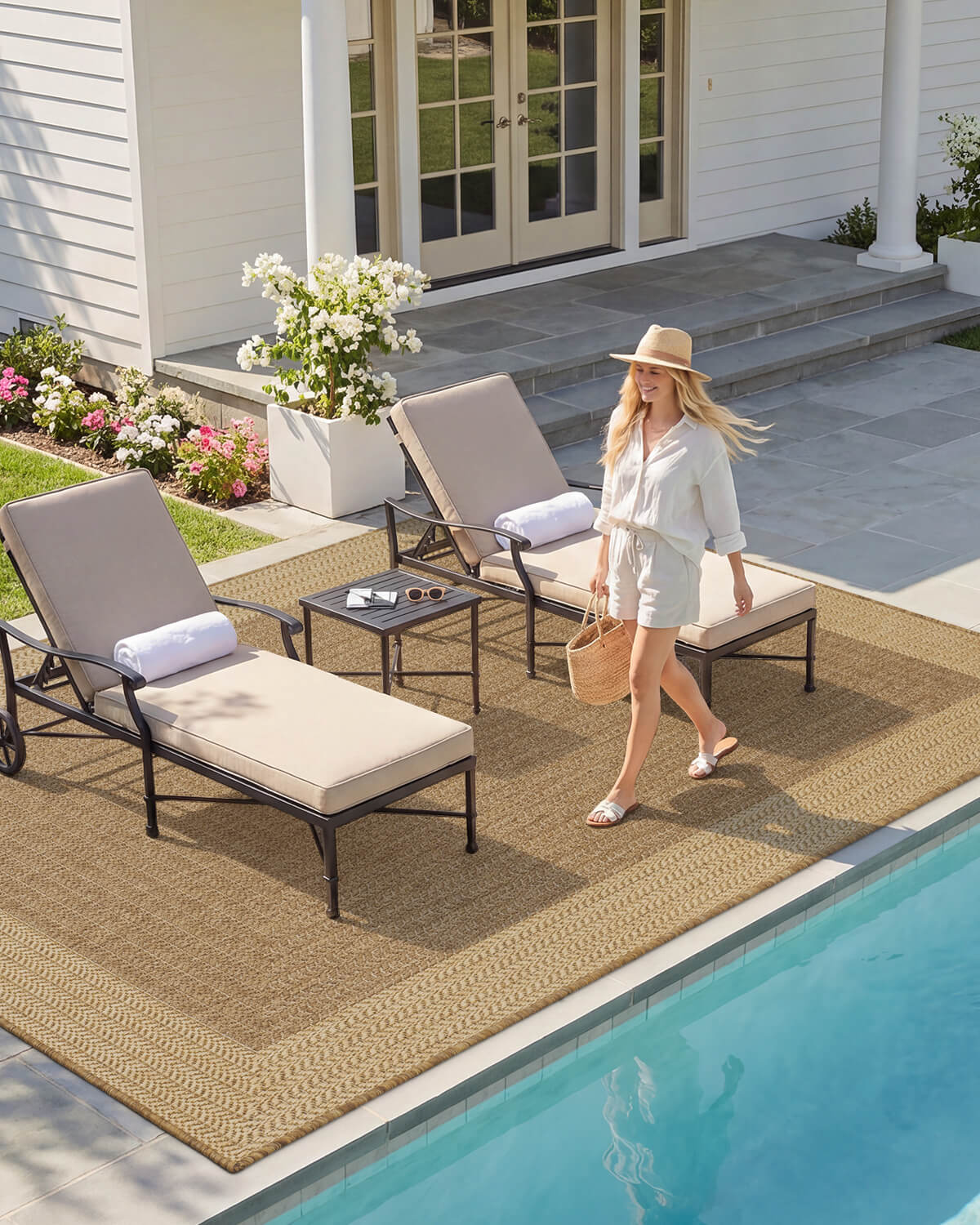 Indoor outdoor rug with soft woven texture providing comfort for family use indoors and outdoors