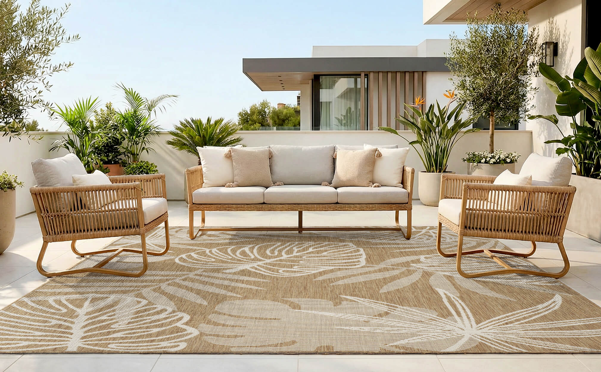 Indoor outdoor rug with durable easy clean design for patio home