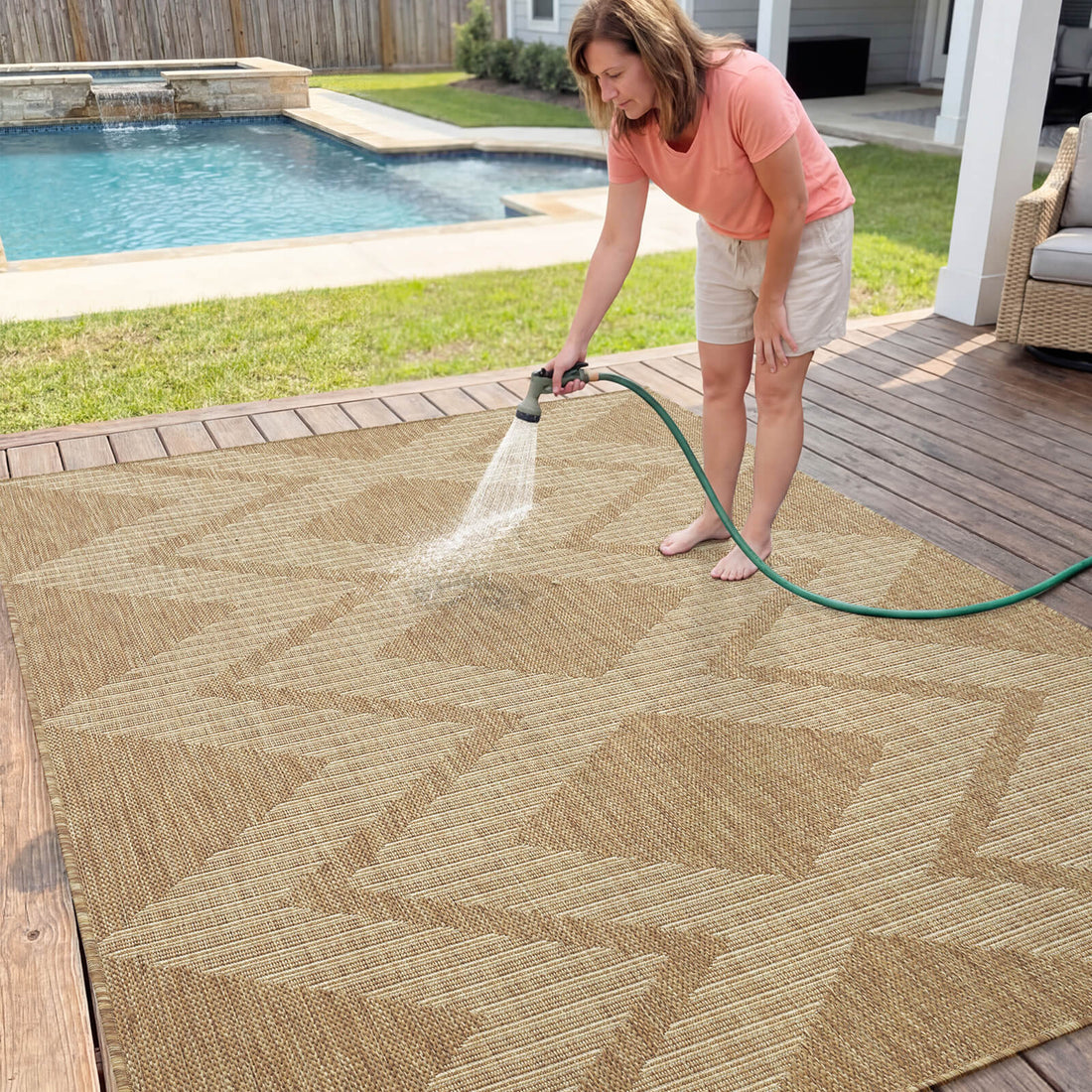 Washable indoor outdoor area rug designed for modern family homes