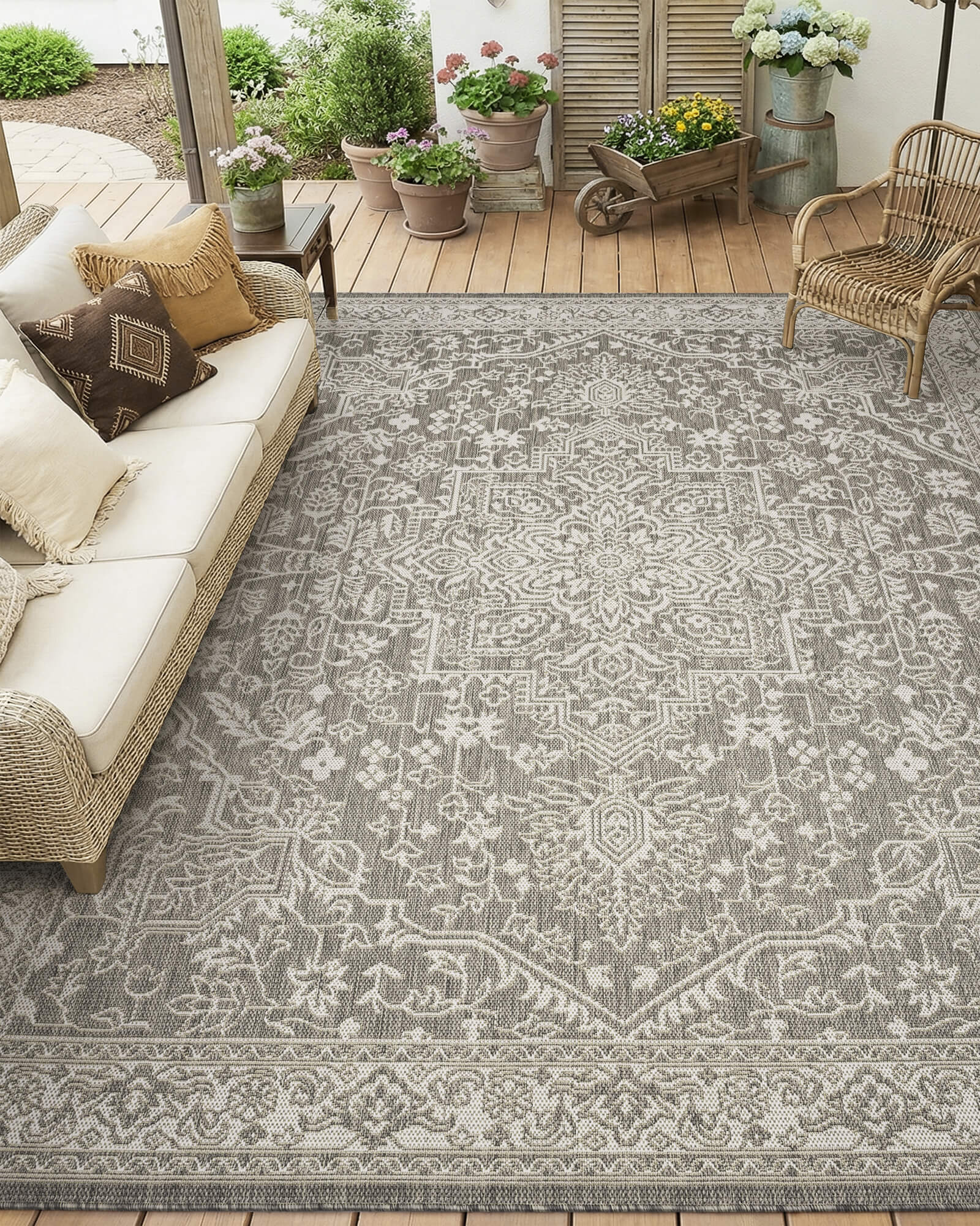 Indoor outdoor rug with waterproof surface and soft feel for patio decor