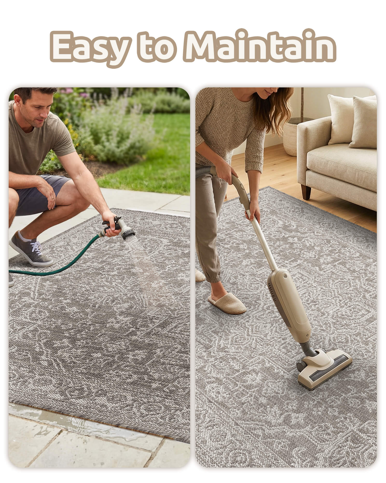 Indoor outdoor rug with weather resistant construction for high traffic homes