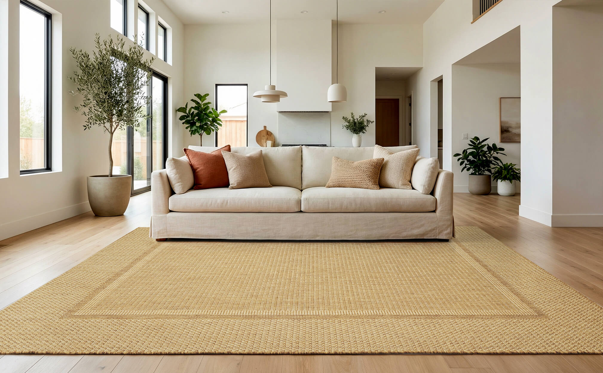This indoor outdoor rug is a smart choice for a poolside family area with a durable shed free surface that dries quickly after use.