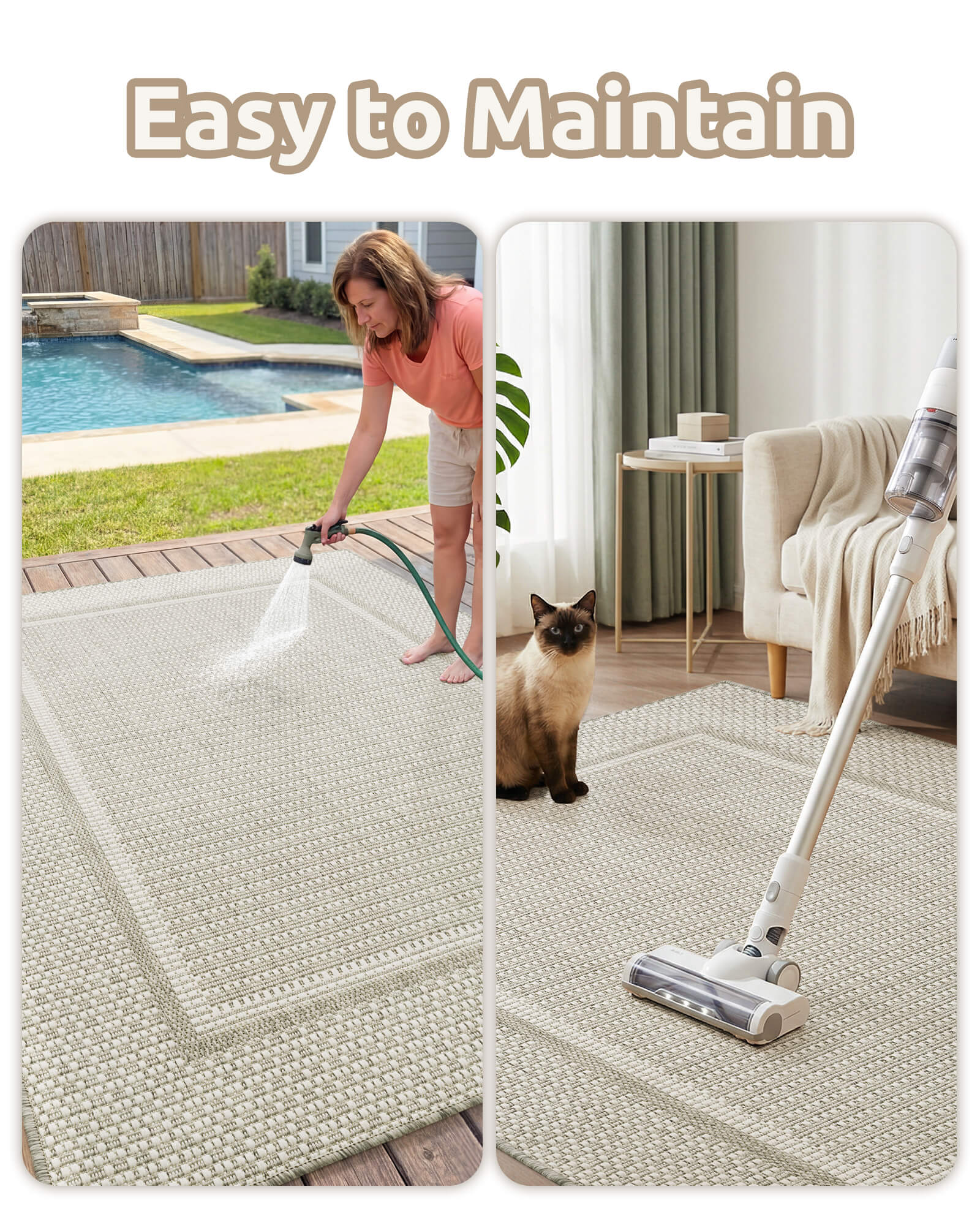 This indoor outdoor rug brings a cozy finished look to a family deck with weather resistant durability and quick dry performance.