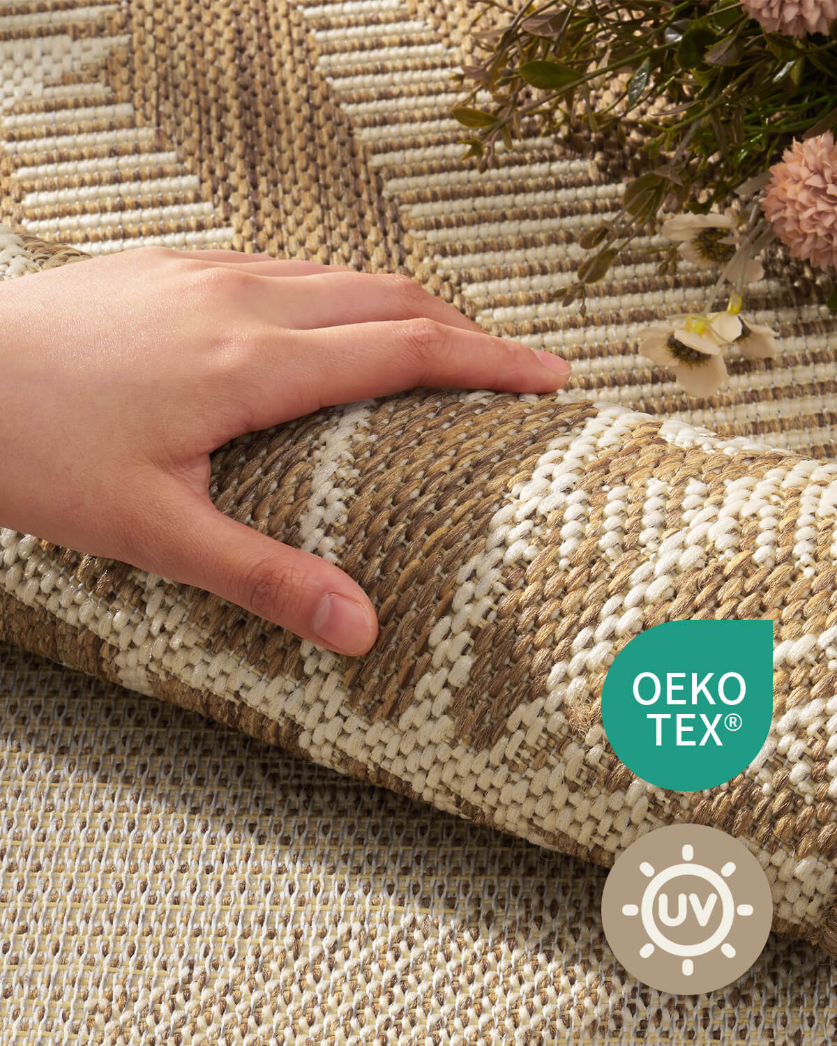 This indoor outdoor rug brings an easygoing look to a patio seating area with all weather durability, quick drying performance, and family friendly everyday use.
