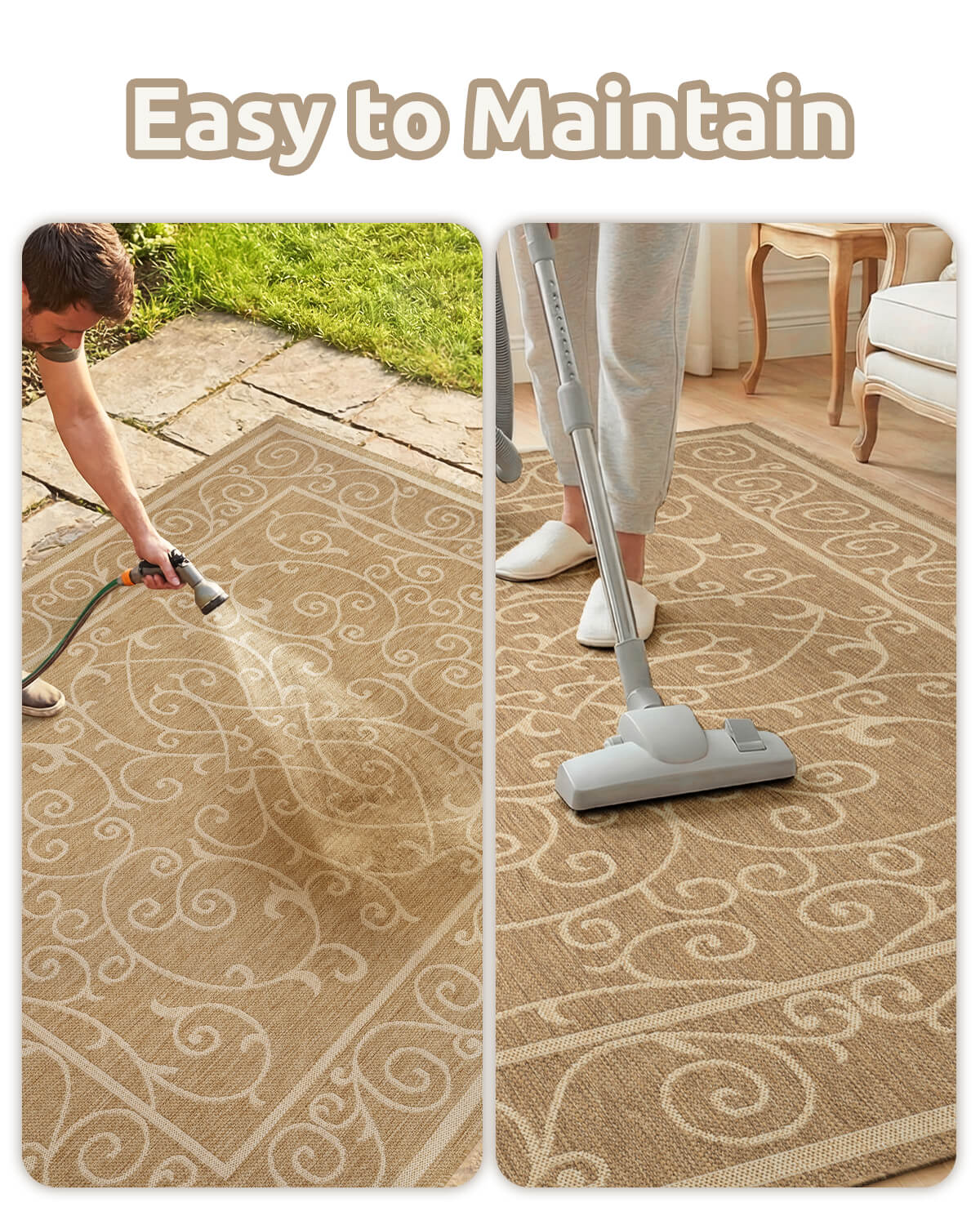 Indoor outdoor rug combining softness durability and easy care for family lifestyle